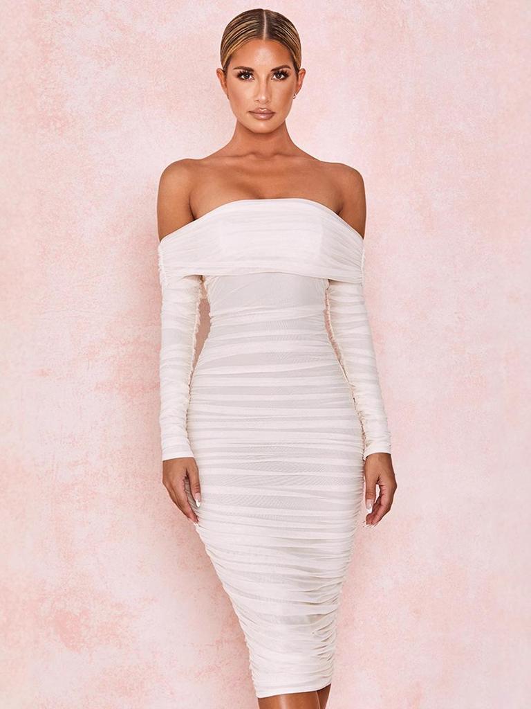 2025 Europäisches und Amerikanisches Damen Unifarbenes Off-Shoulder Schmal geschnittenes Partykleid