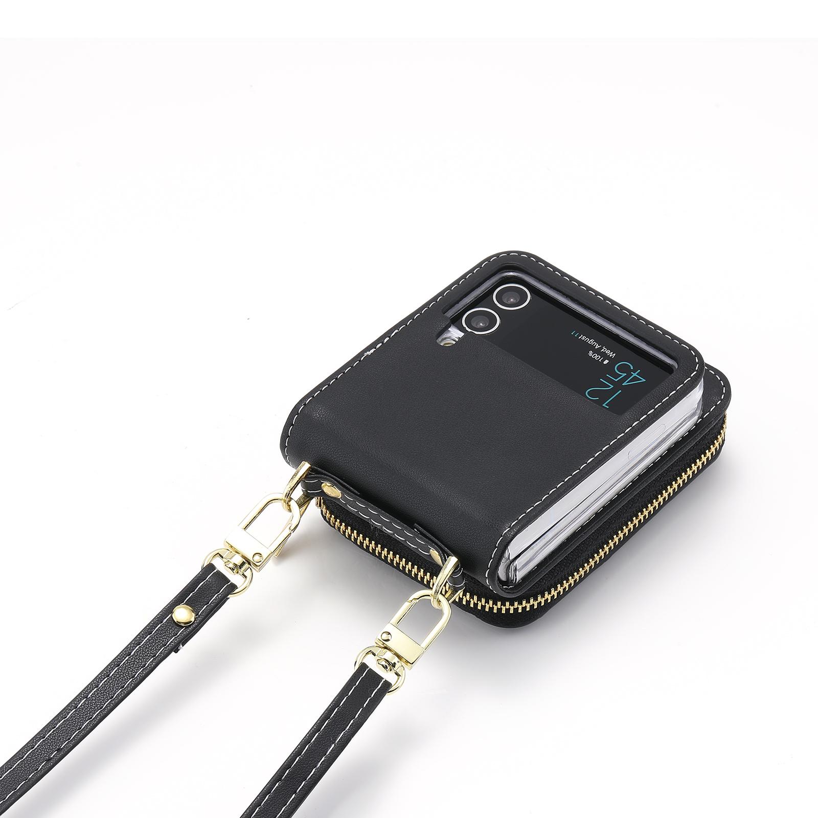 Lanyard Leather Zipper Wallet Purse Case for Samsung Z Flip 5 4 3 Flip5 Shoulder Strap Crossbody Card Solt Holder Pocket Cover For Samsung Z Flip 4-Case чёрный