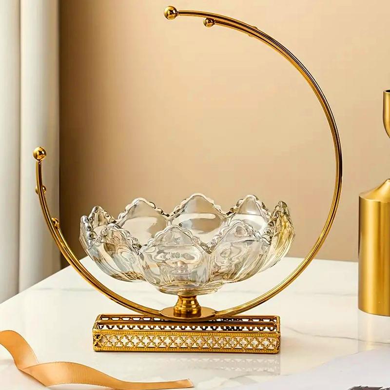 1PC Light Luxury Snack Storage Glass Table Decor Fruit Plate Metal Moon Shaped European Style