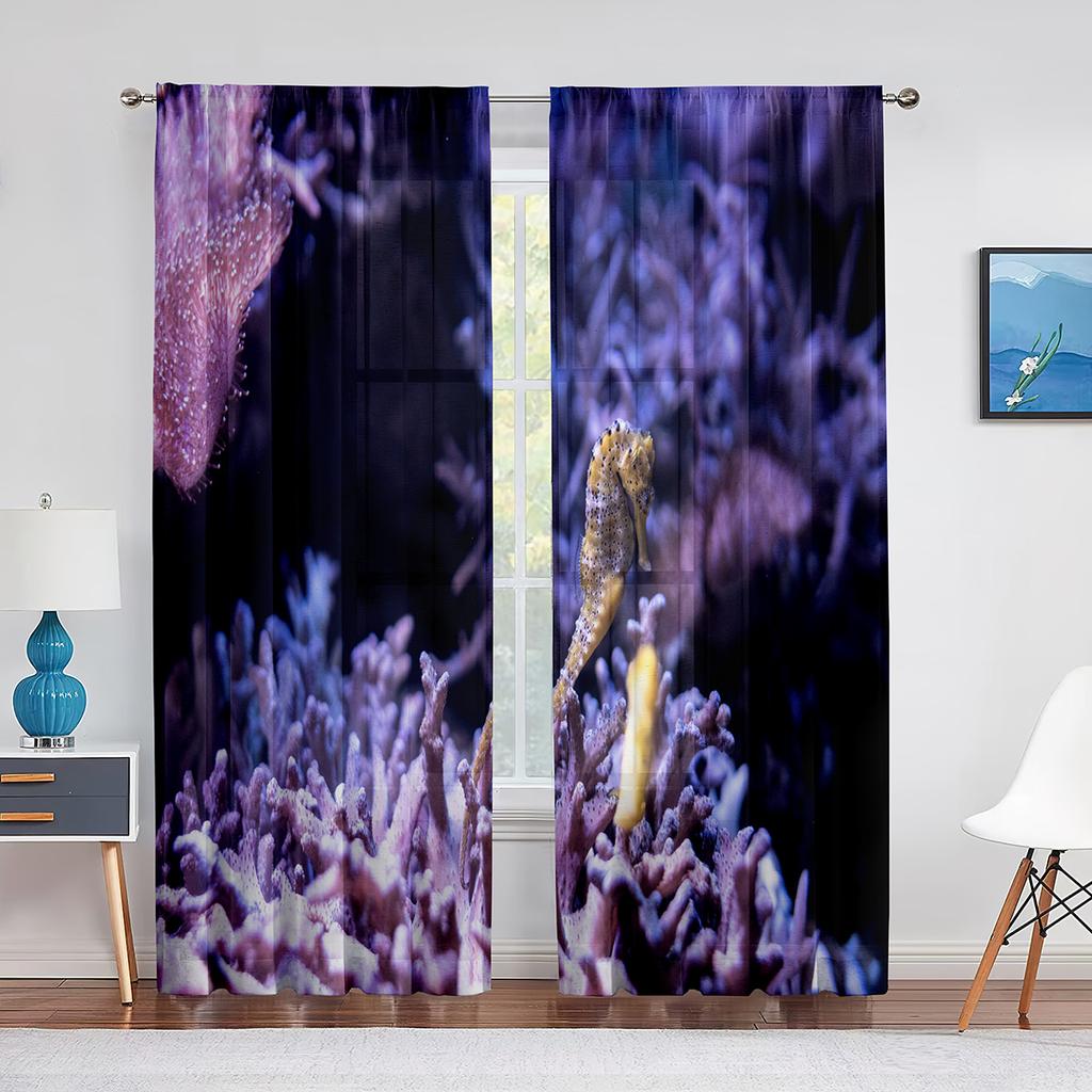 Ocean Seahorse Blue Sheer Voile Curtain Underwater Marine Life Window Tulle Curtains for Living Room Bedroom Kitchen Decoration