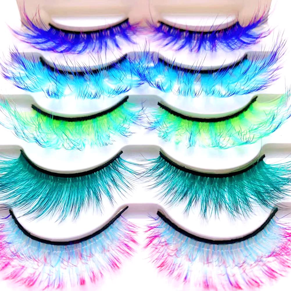 Sunniess Ombre Colored Lashes Silk Protein Fluffy Wispy Volume Fake Lashes for Halloweens Cosplay Party Stage Russian D Curl Lashes with Color Make