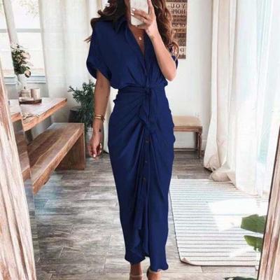Short Sleeve Maxi Dress High Waist Women Buttons Solid Color Draped Tunic Dress