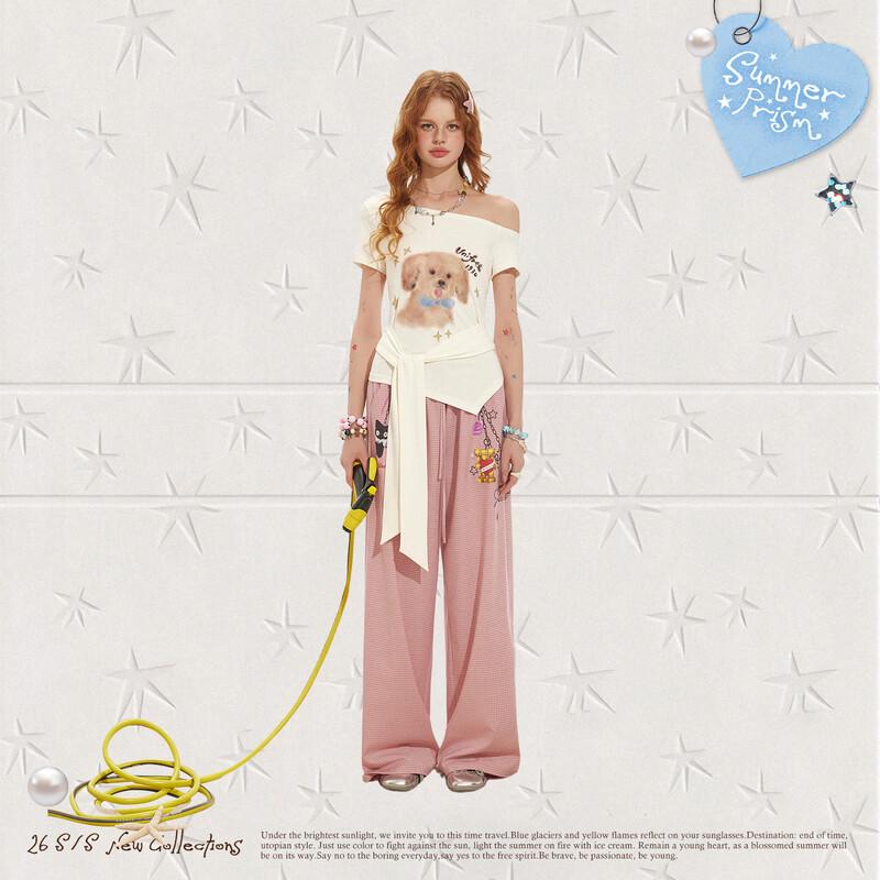 UNIFREE 2026 Summer Cute Pet Print Off-Shoulder T-Shirt