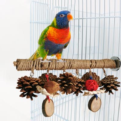 Supporto per pappagallo, palline di pino da masticare, zampe di macinazione, corda di canapa in legno naturale, intreccio
