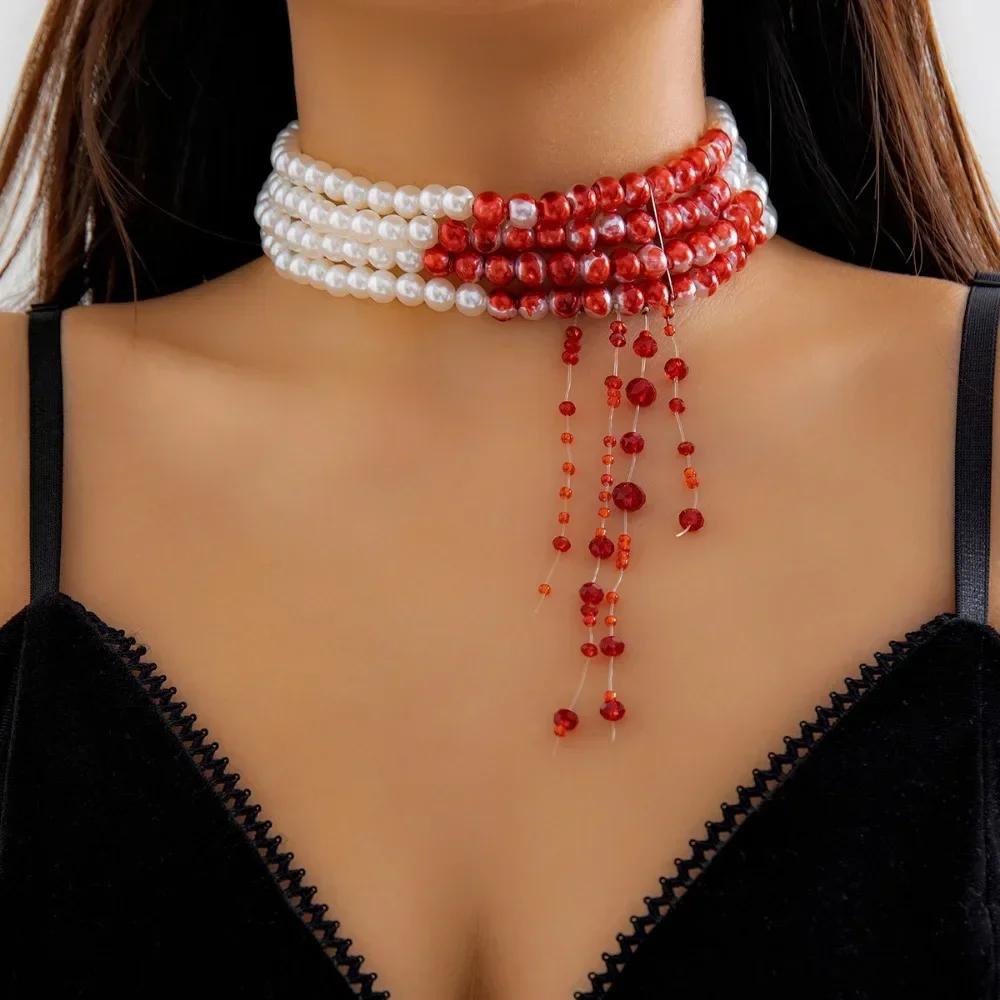 Halloween Retro Multilayer Red Pearl Beaded Pendant Necklace Set for Women Personality Blood Drop Tassel Collar Bone Jewelry