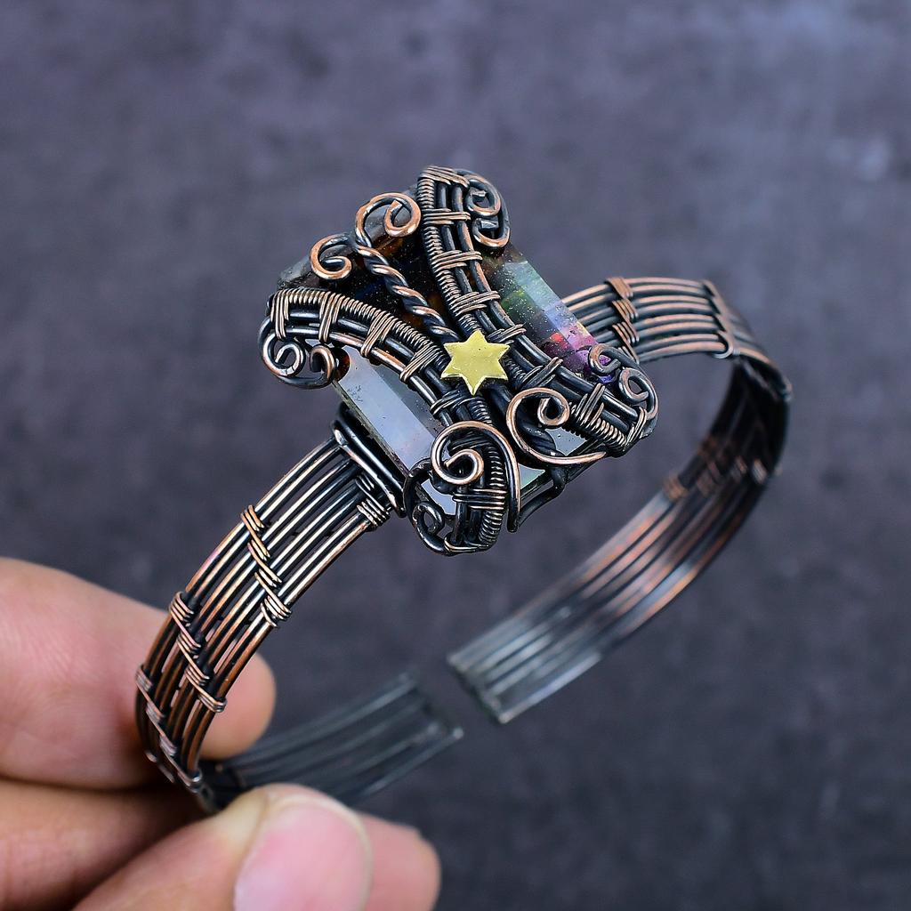 Ammolite Gemstone Handmade Copper Wire Wrap Cuff Bangle Adjustable ET-4972