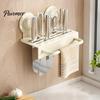 Kitchen Countertop Organizer Chopstick/Cutter Storage Rack, Wall Mounted Suction Cup Installation, Heavy Duty Carbon Steel No Drill Utensils
