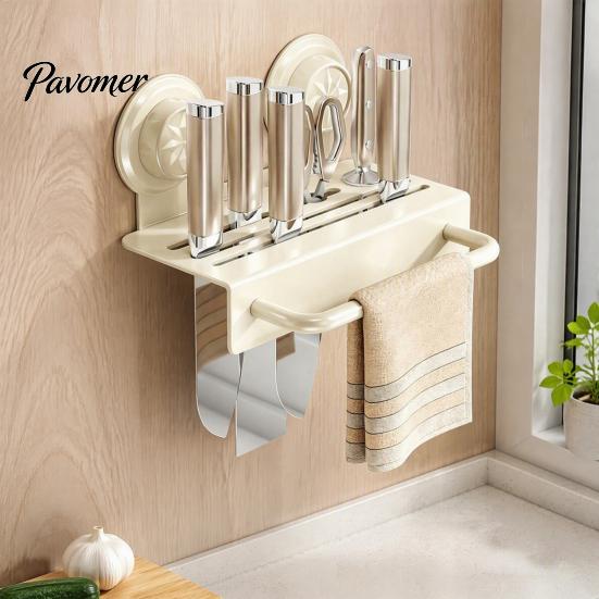 Kitchen Countertop Organizer Chopstick/Cutter Storage Rack, Wall Mounted Suction Cup Installation, Heavy Duty Carbon Steel No Drill Utensils