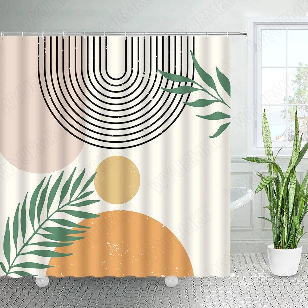 Abstract Mid Century Shower Curtains Boho Arch Sun Beige Modern Minimalistic Home Bathtub Bathroom Curtain Fabric Decoration Set