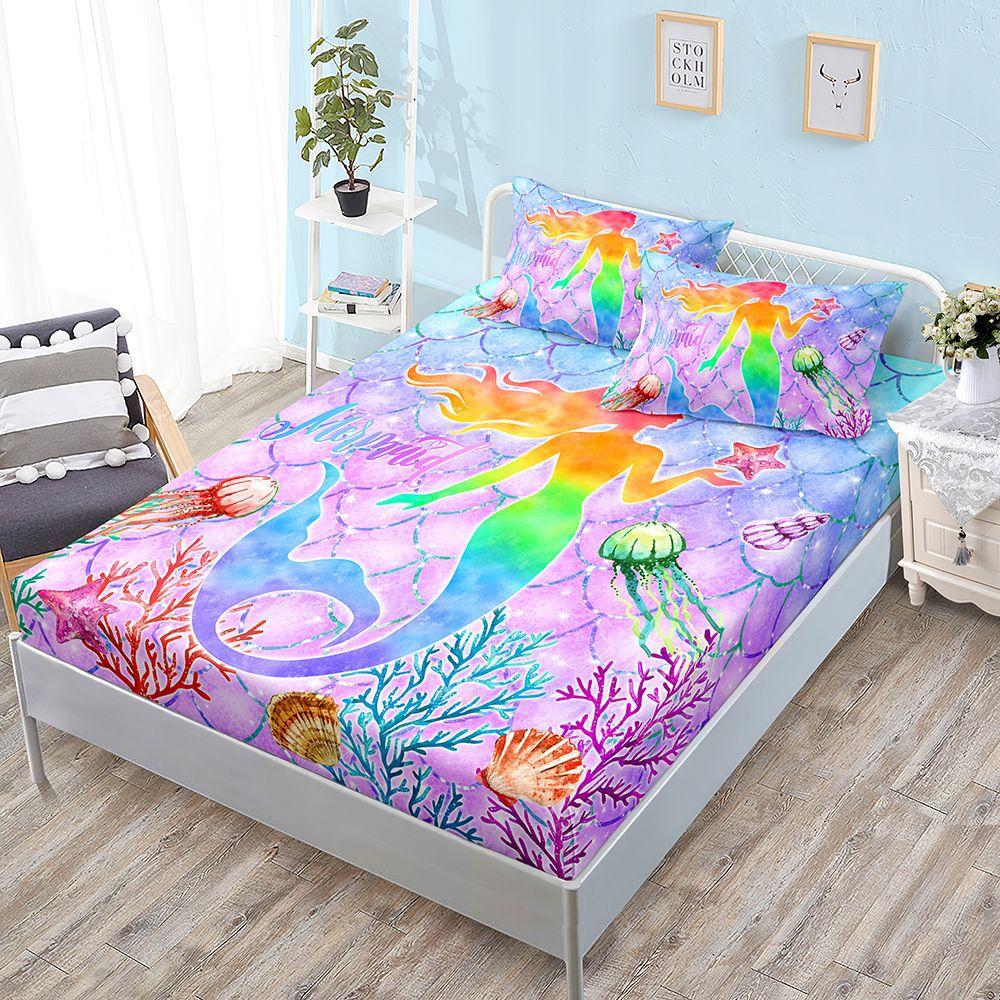 Gradual Change Color Mermaid Mattress Kit Three-Piece Pillowcase Mattress Cover