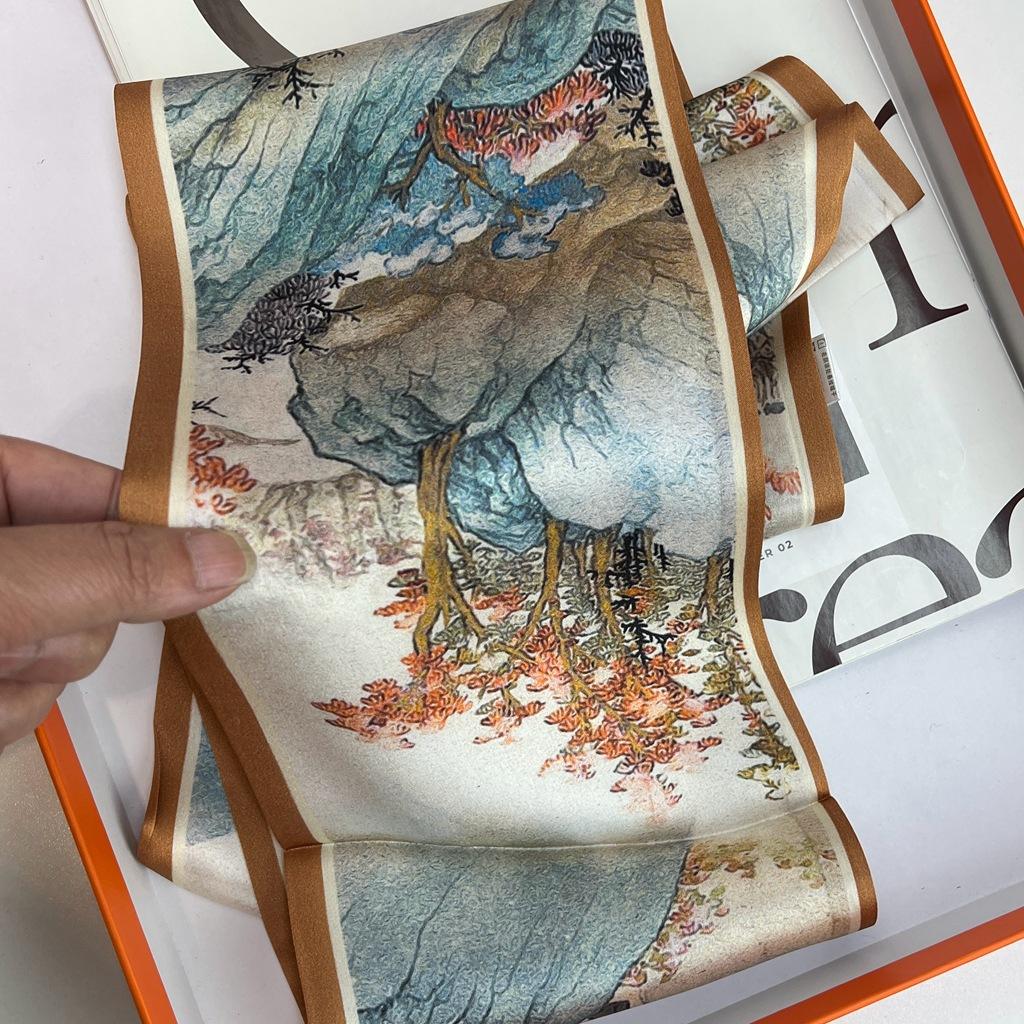 Silk Mulberry Silk Scarf, National Style Ink Painting, Versatile Double-Layer Double-Sided Silk Scarf, Thin And Narrow Scarf, Streamer.
