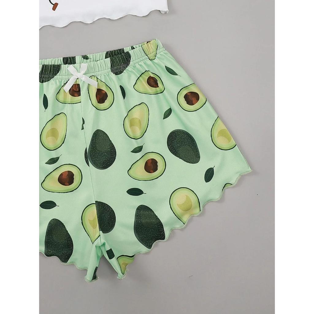 Letní pyžamový set pro ženy Avokádový potisk Tílko se šortkami Ležérní Sexy prádlo Noční košilka Domácí oblečení Spací oděv Spodní prádlo