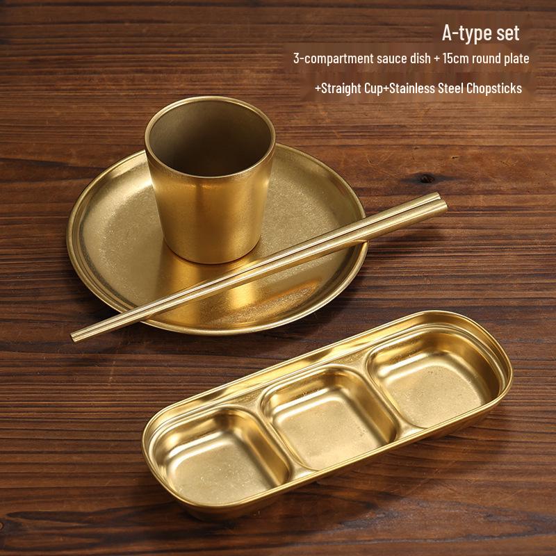 Retro Gold Stainless Steel Tableware Set: Rectangular Plate, Seasoning Dish, Bowl, Water Cup, Chopsticks, Spoon.