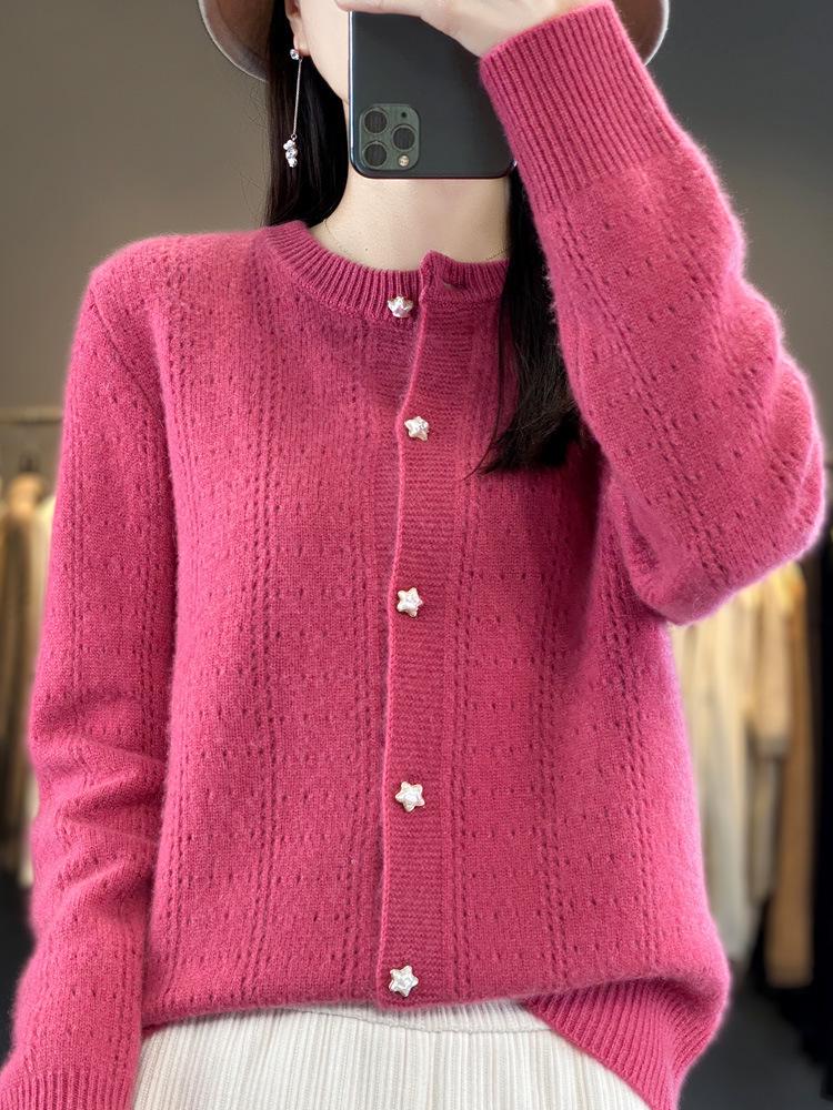 Women's Round Neck Wool Cardigan: Loose Fit, Solid Color, Hollow Long Sleeve - Suitable for Spring, Autumn, and Winter.