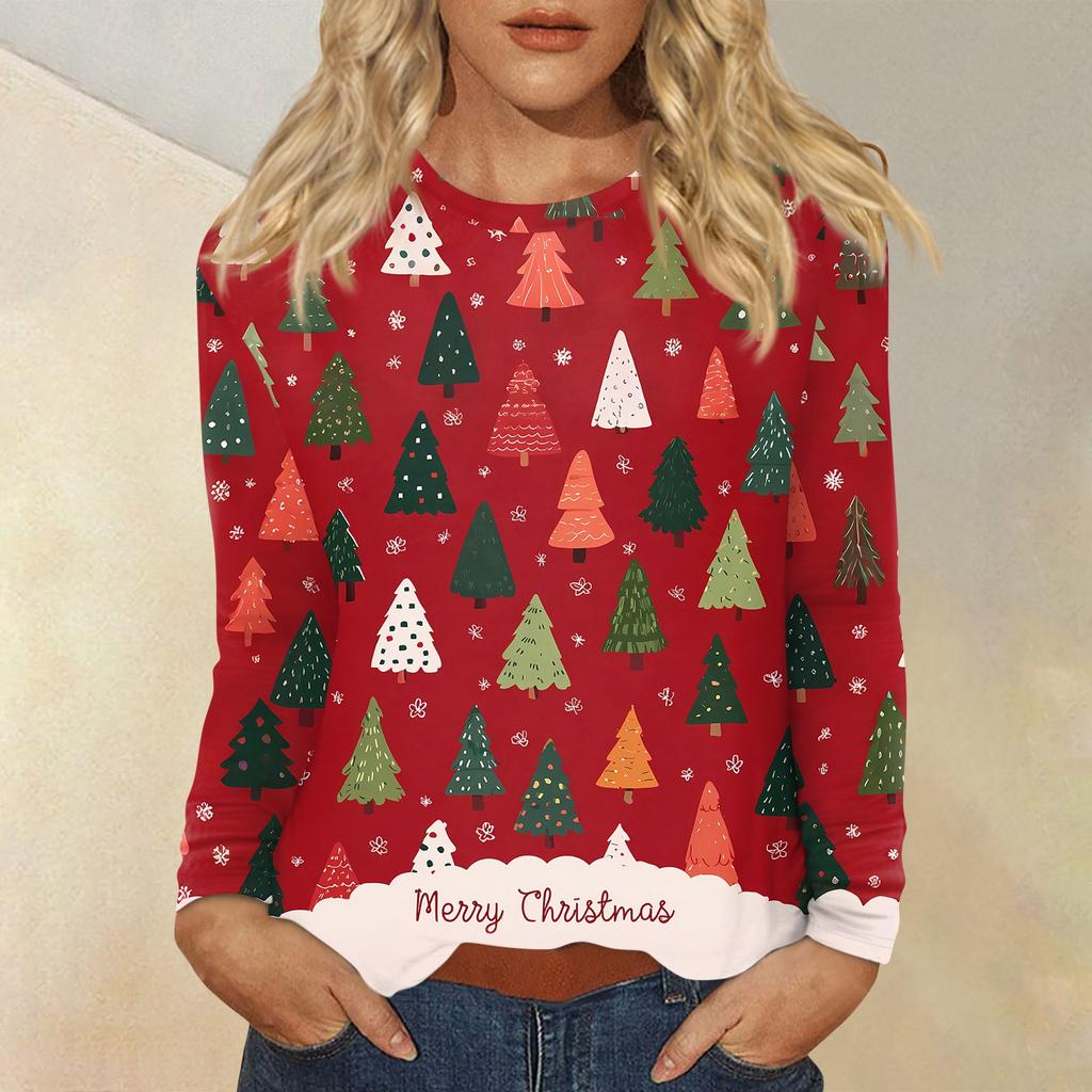 Women's Fashion Casual Christmas Printed Round Neck Long Sleeve Pullover Top