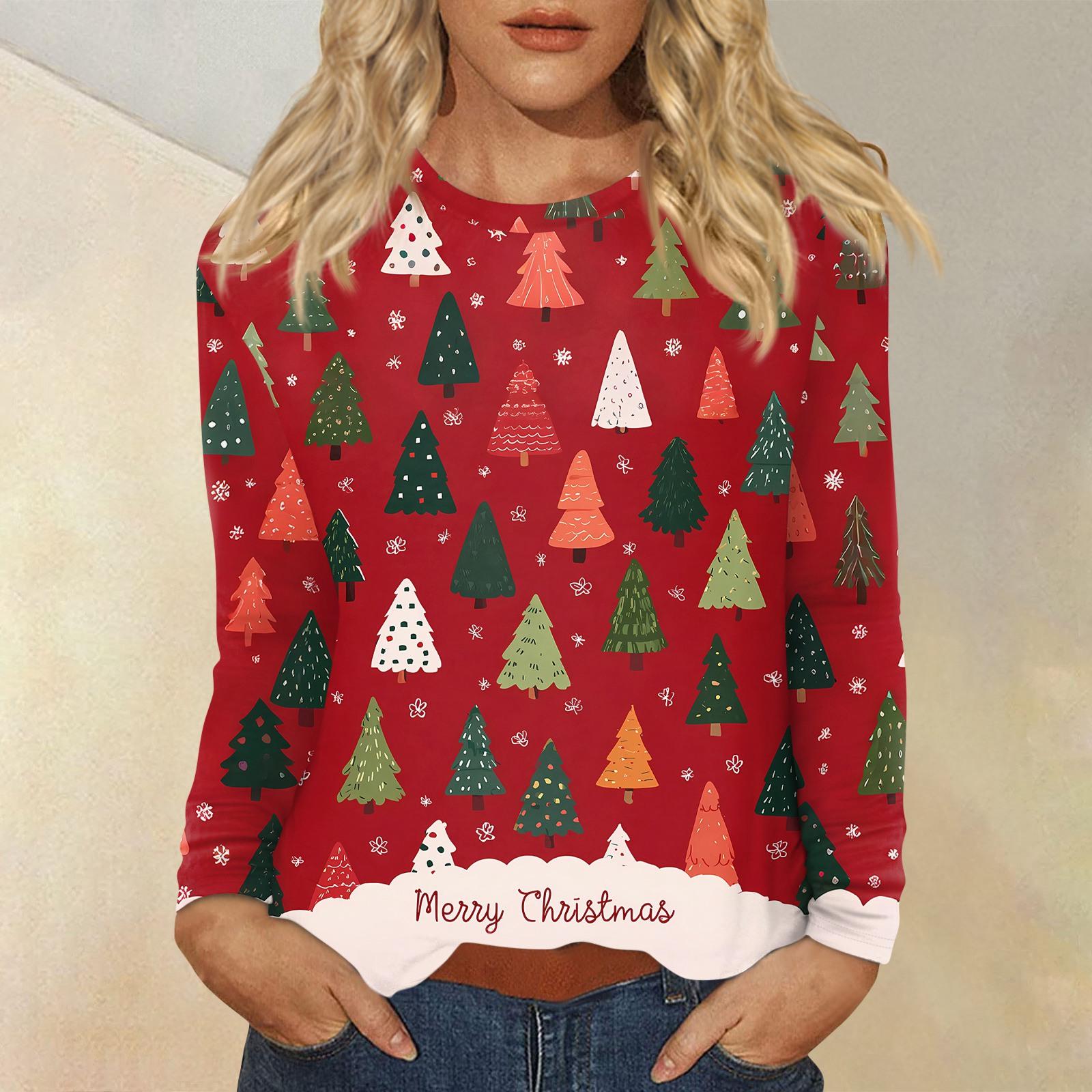 

Женская мода повседневный рождественский принт круглый вырез длинный рукав пуловер топ XL