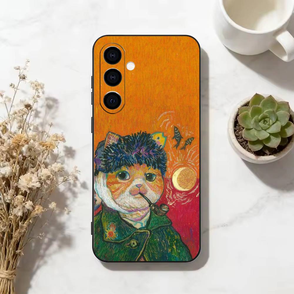 Funny Cat Van Gogh Style Phone Case For Samsung Galaxy A73,A72,A71,A70,A53,A52,A51,Others Soft Black Cover