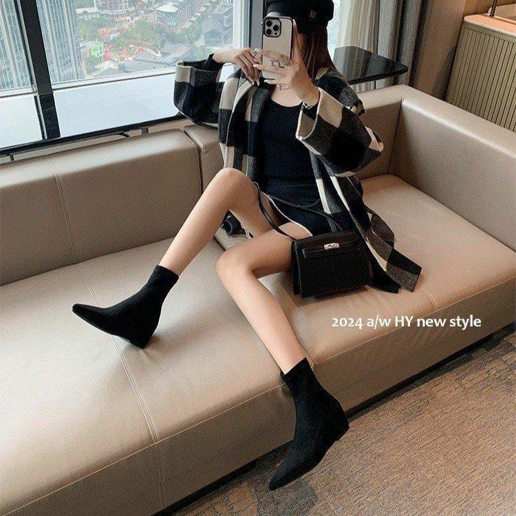 Pointed Head Flat Bottom Flat Heel New Short Boots Women's European and American Thin Boots Autumn and Winter Suede Matte Socks Boots Simple Tempe