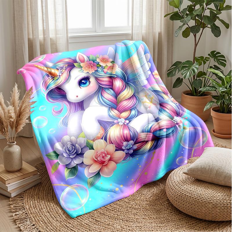 Colorful Unicorn and Rainbow Blanket Personalized Name Flannel Blanket Soft Cozy Plush Throw for Sofa Bed Lightweight Home Decor