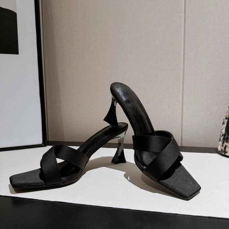 Summer New High Heel Slippers Square Head Open Toe Cross with A Line Satin Anti-slip Wear-resistant Fine Heel Sandals