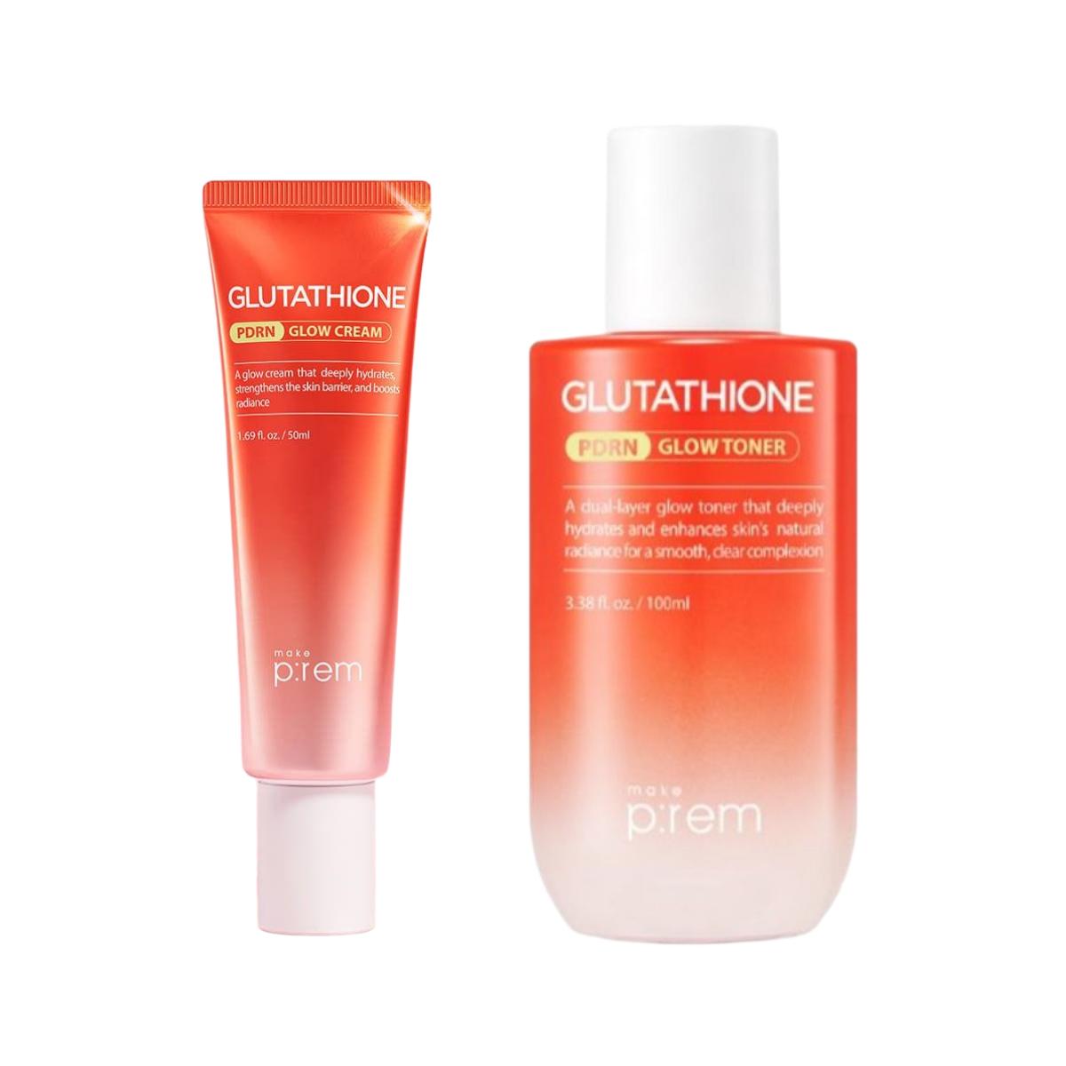 Make P:rem Glutathione PDRN Glow Toner 100ml + Glow Cream 30ml Set Radiance Boosting Firming K-Beauty Skincare Routine Kit