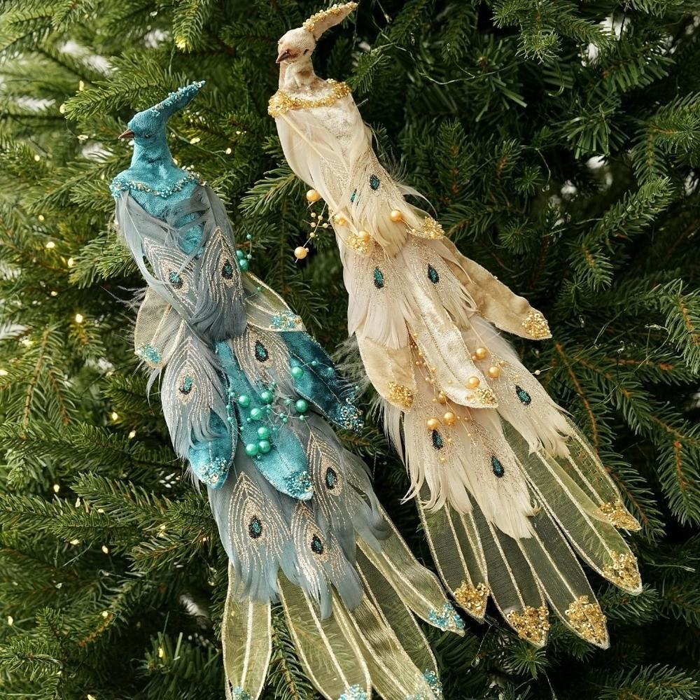 Feather Birds Christmas Peacock Ornaments Clip-On Faux Peacock Figurine  Home Party Decor