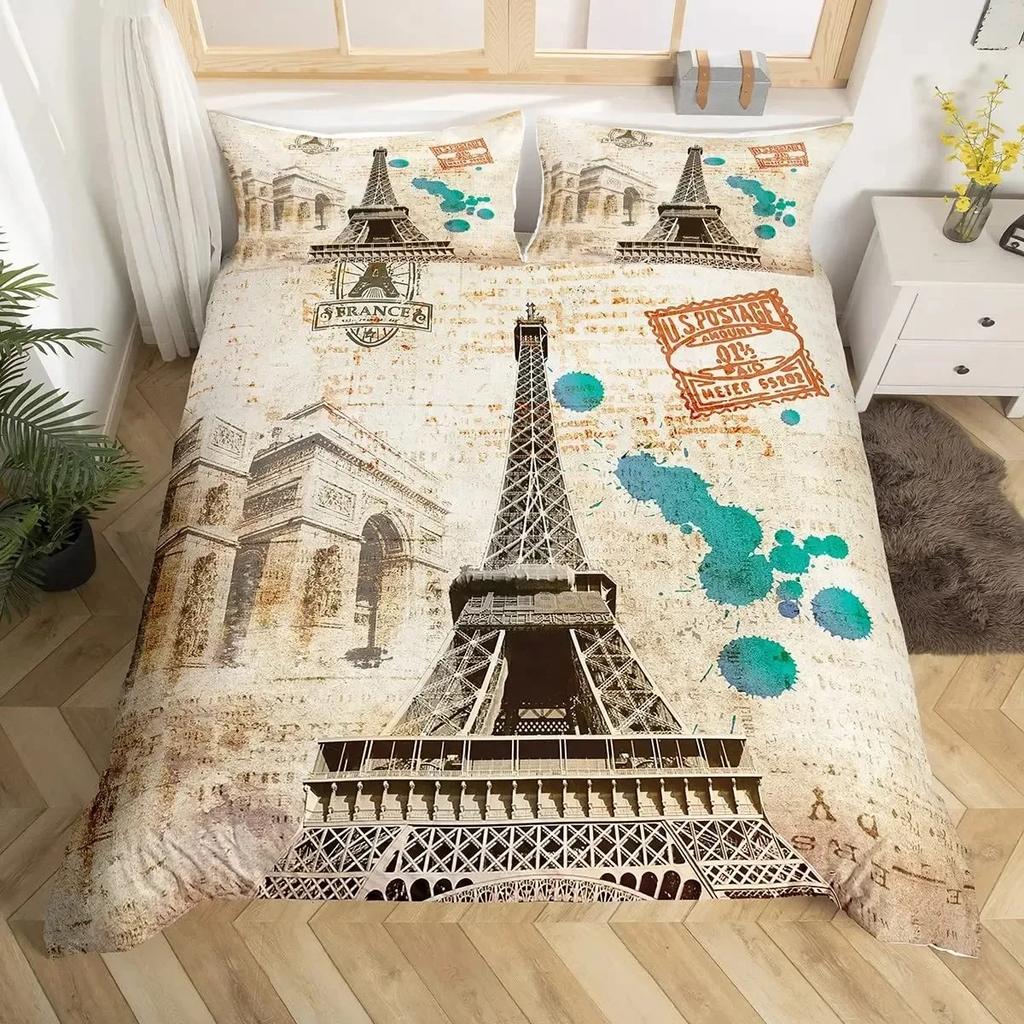Vintage Eiffelturm Bequemer Bettdeckenbezug Kissenbezug Bettwäscheset Kinder Schlafzimmer Dekoration Heimtextil