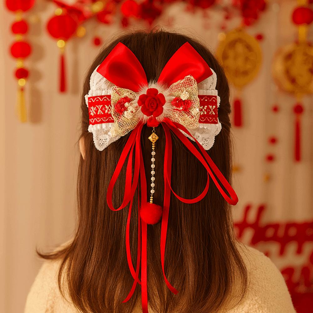 Flower Bow Ribbon Hair Clip Red Hanfu Hair Ornamen Chinese Style New Year Hairpin  Festival
