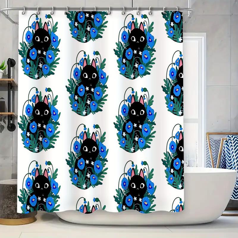 

Floral Cat Shower Curtain Botanical Blue Flowers Home Decor Bathroom Set Vintage Nature Art Print Waterproof Fabric W60H190(CM)-1 Pcs