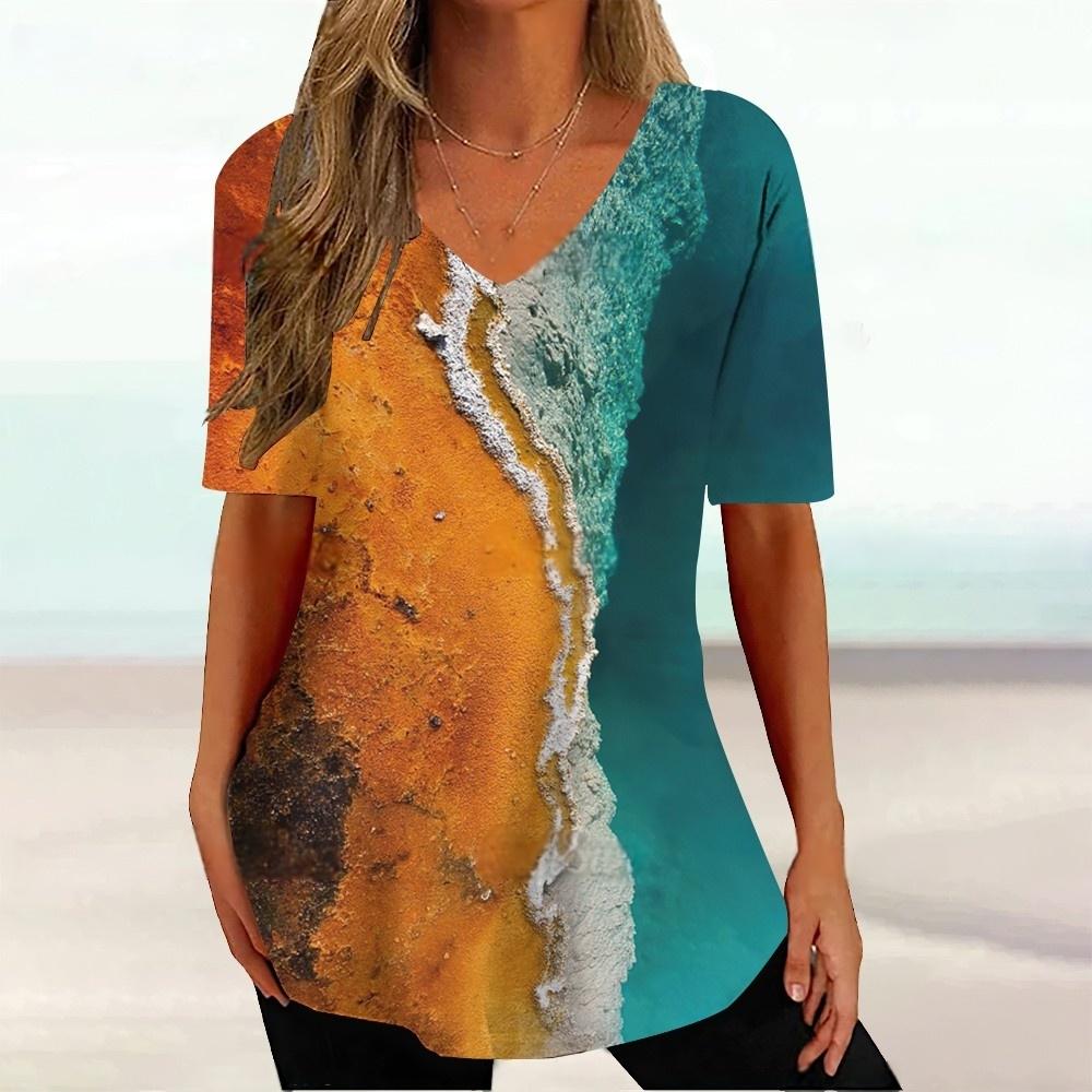 Letni top z dekoltem w serek z nadrukiem 3D w gradientowy wzór Modne codzienne damskie T-shirty z krótkim rękawem