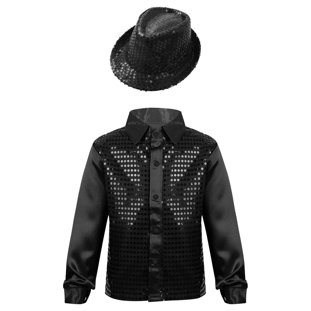 Pojkars glänsande paljettlångärmad skjorta med slagkrage, jazzdansshow, fedorahatt