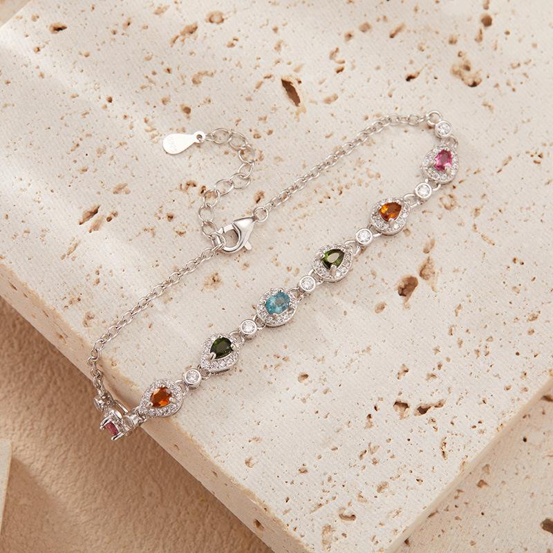 S925 Sterling Silver Color Treasure Jewelry Natural Tourmaline Bracelet Women'S Droplet Gem Bracelet