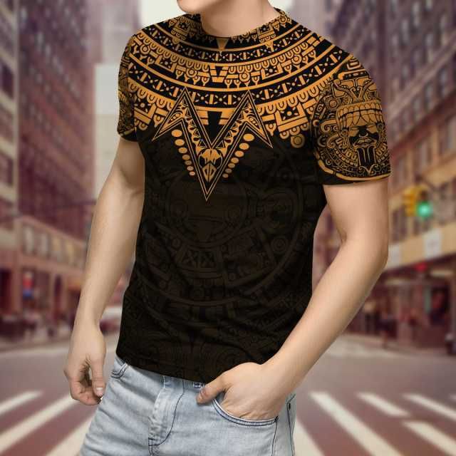 Summer Round Neck 3D Aztec Inspired Pattern Print Top Fashionable Casual Short Sleeved Men's T-shirts