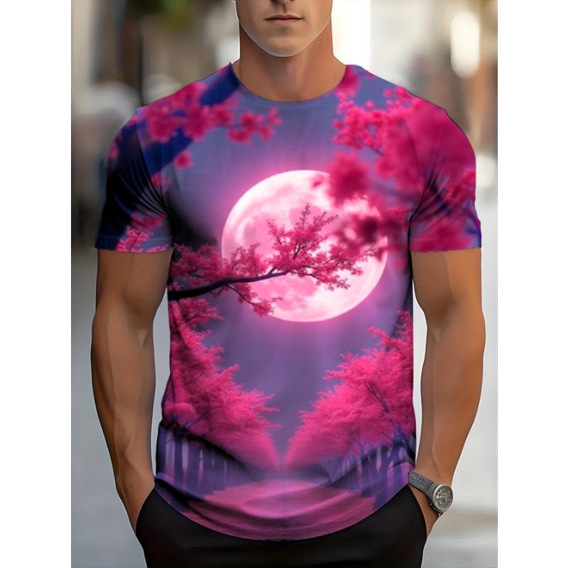 Men's Full-Body 3D Dog Moonlit Night Print T-Shirt - Hot Transfer Round Neck Short Sleeve Casual Summer