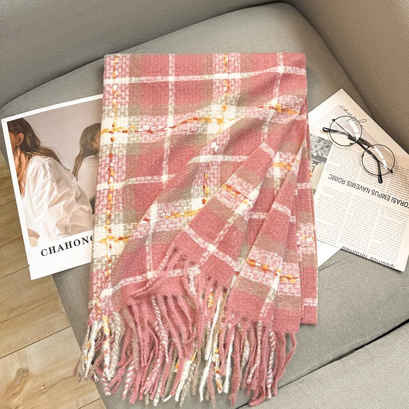 2024 Autumn And Winter New Line Couple Imitation Cashmere Scarf Women'S Pink Plaid Shawl Tassel Warm Scarf Versatile