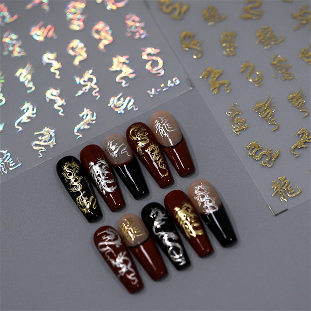 1pcs Gold Silver Dragon Nail Sticker 5D Metallic Mirror Chinese Laser Glitter Dragon Design Gel Polish New Year Nail Decorations