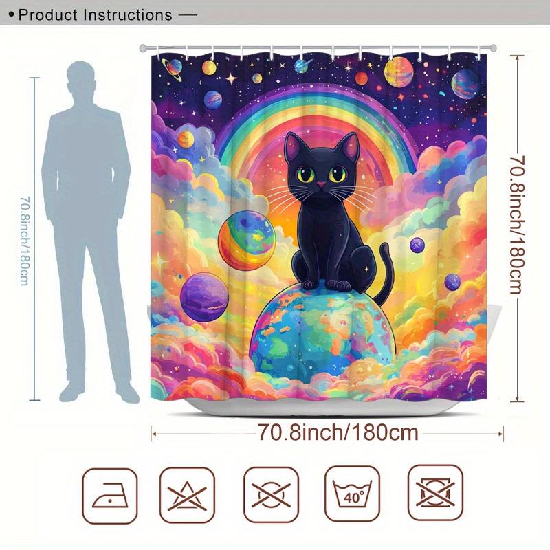 Cosmic-Themed Shower Curtain - Black Cat on Colorful Planet, Rainbow & Starry Sky, 70.8x70.8", 12 Hooks