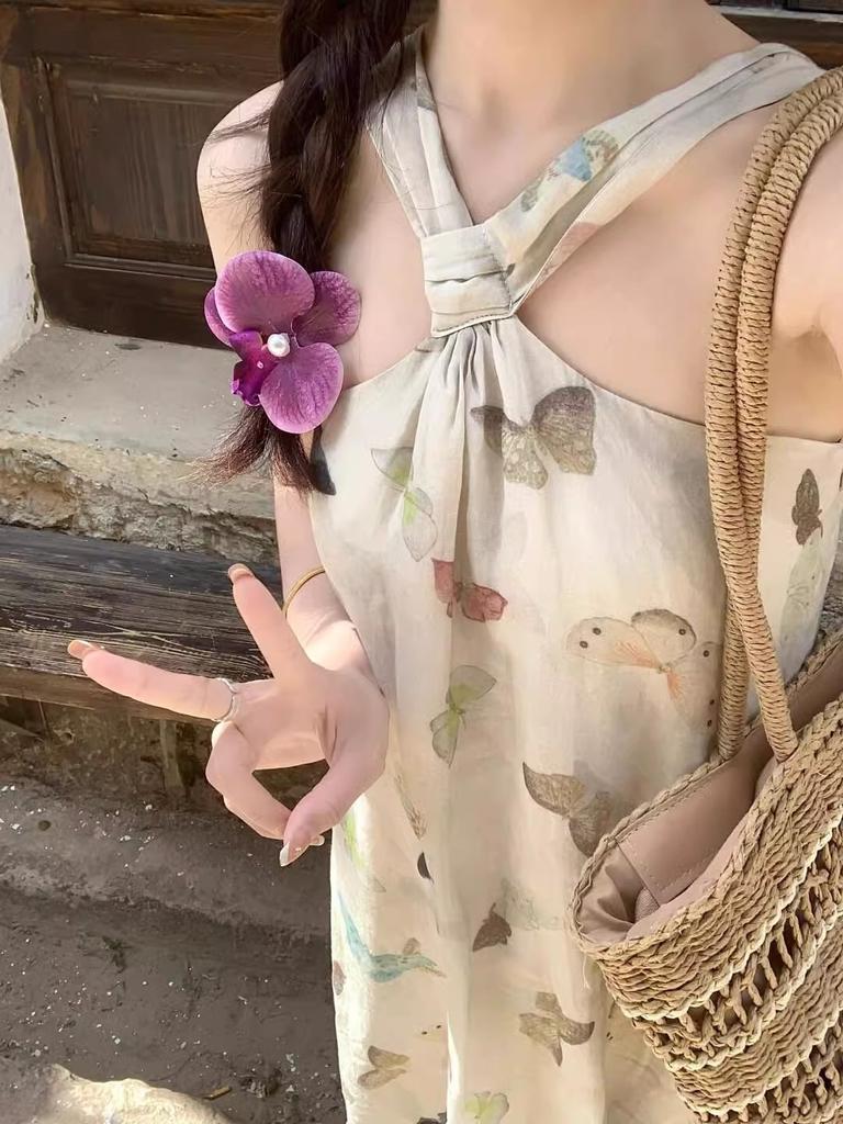 Coffee Break French Gentle Wind Neck Dress Seaside Holiday Design Niche Butterfly Printing Pure Desire Beach Dress