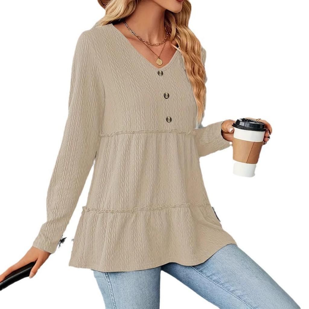 2024 Autumn/Winter V-neck Button Patchwork Loose Long Sleeve T-shirt