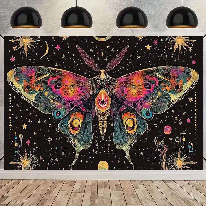 2D Mystical Tapestry - Vibrant Lunar Moth, Astrology Symbols & Starry Night Wall Art 47.2x31.5inch/120*80cm