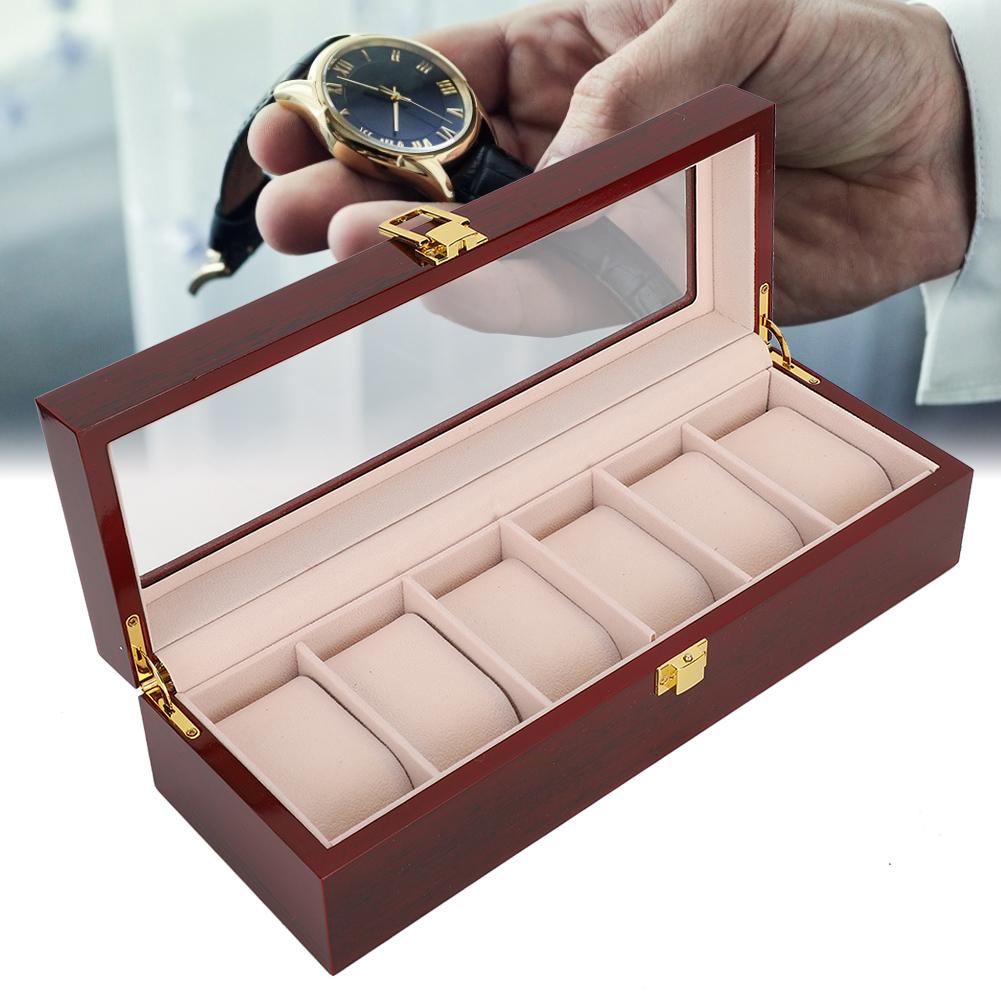 Wooden 6 Grid Watch Display Box Transparent Window Watch Storage Box (Red)