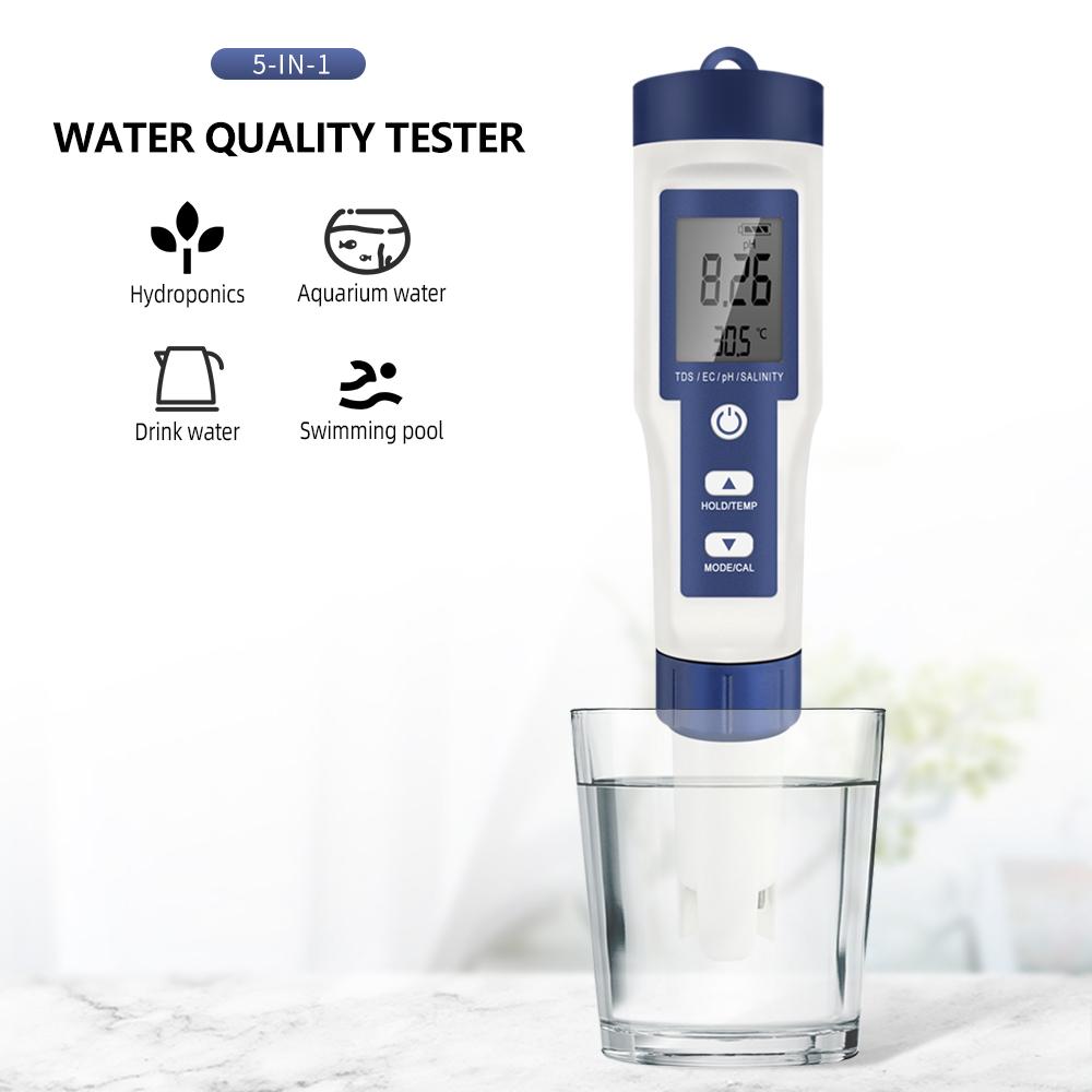 Professional Water Quality Tester 5 In 1 TDS/PH/EC/Temp /Salinity Meter Water Analyzer for Pools Drinking Water Aquarium Monitor