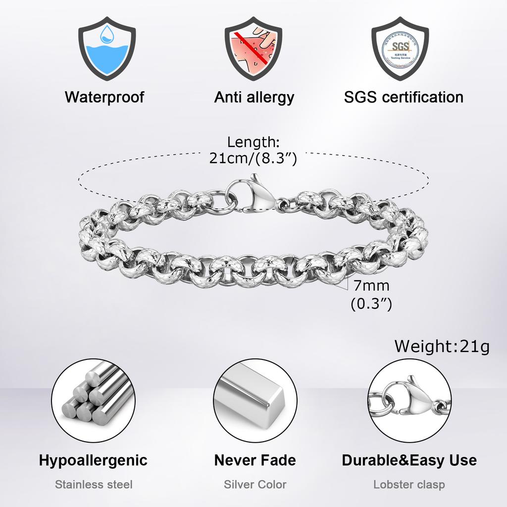 Chunky Belcher Round Chain Bracelets for Men Boys,Embossed Stainless Steel Braided Chain Wristband,Punk Jewelry Gifts