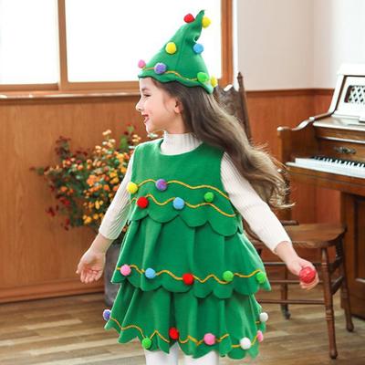 Children's Christmas Tree Costume Set Festive Girl Easy To Clean Xmas Hat Dress for Performance Cosplay Gifts