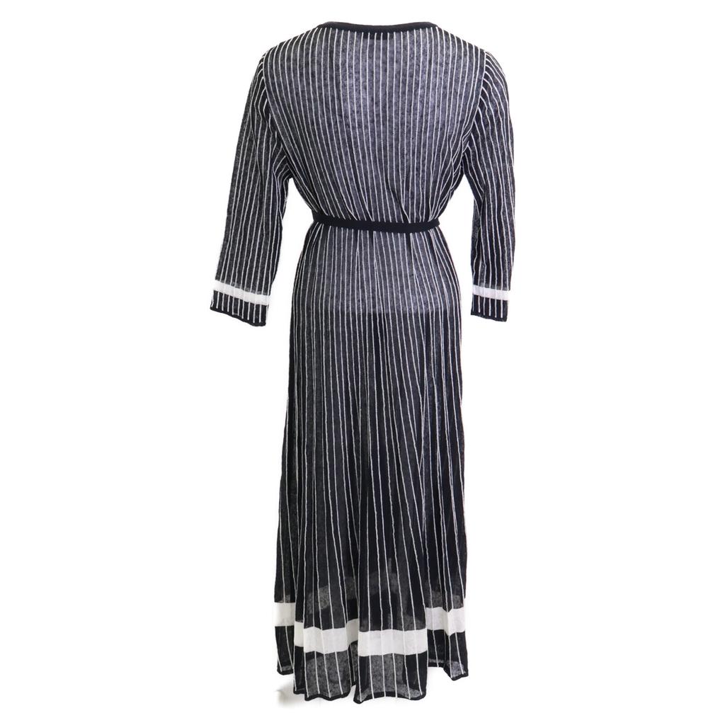 ANAYI White X Navy Striped Waist Ribbon Long Sleeve Dress Dress 38 Black White StripesUsed