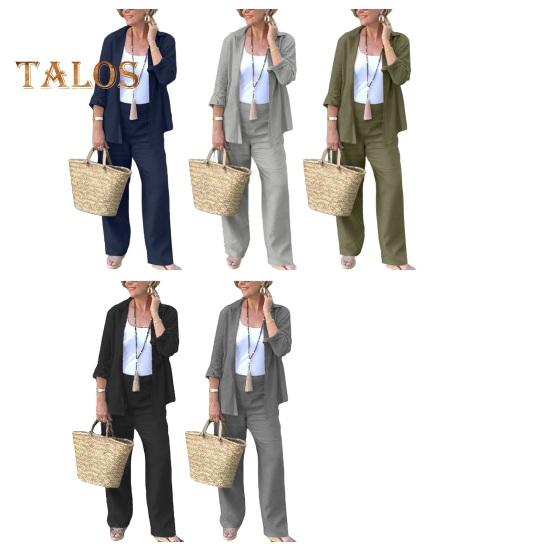 2-teiliges Damen-Outfit mit Revers, langen Ärmeln, Knopfverschluss, Hemd mit hoher Taille, geradem, weitem Bein und langen Hosen