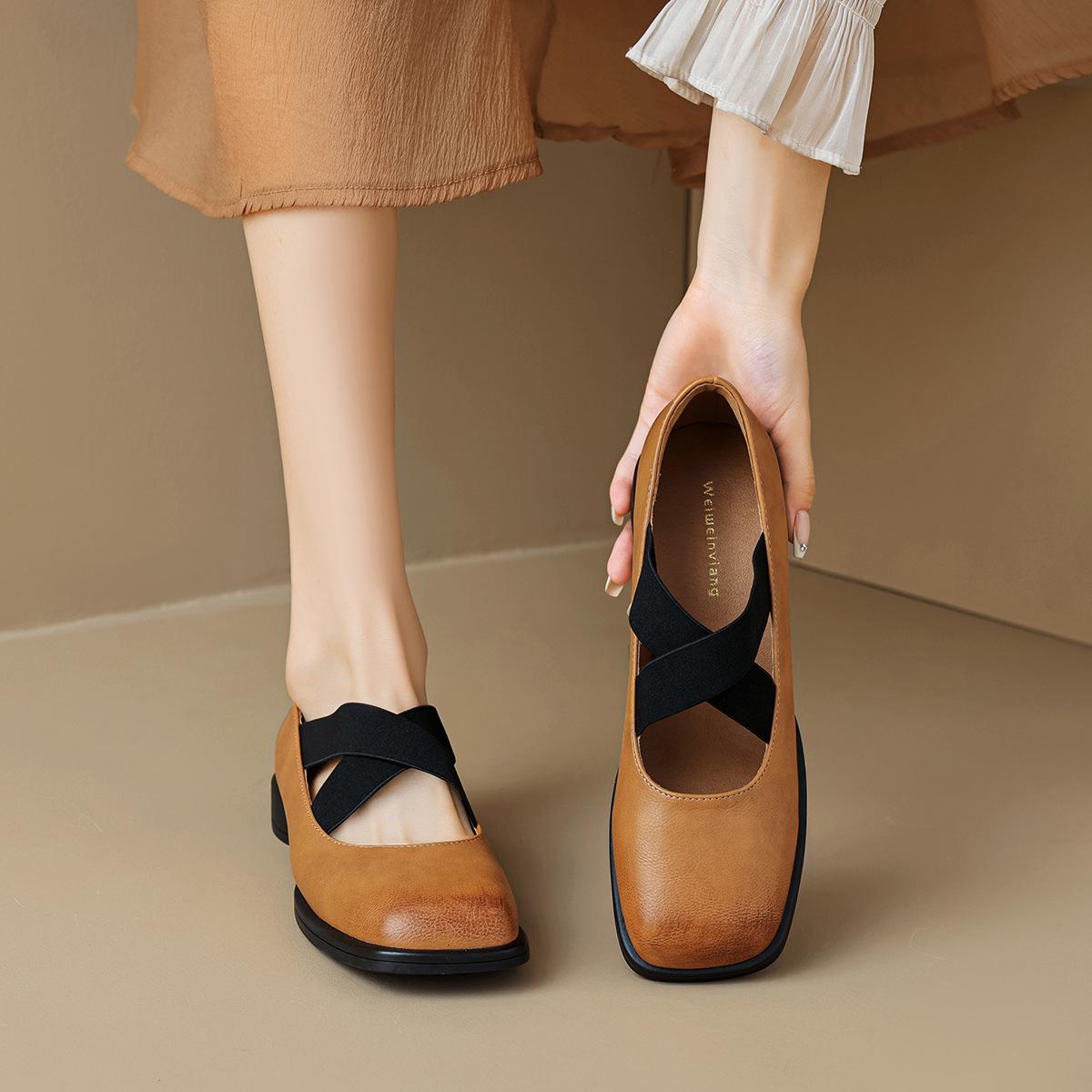 

Weiwei Girl 633-2 Cross-Strap Mary Janes Women s Retro Chunky Heel Ballet Flats 37 коричневий