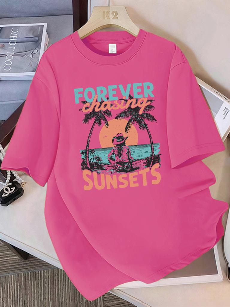 Summer T-Shirts Cotton Womens Forever Chasing Sunsets Cowgirl Printing Short Sleeve Comfortable Soft O-Neck Tops Basic Clothes