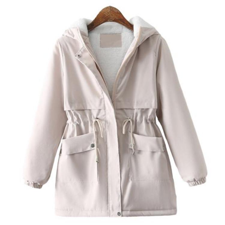 Warm Winter Thick Plush Women Coat with Hood Pockets Solid Color Zipper Closure