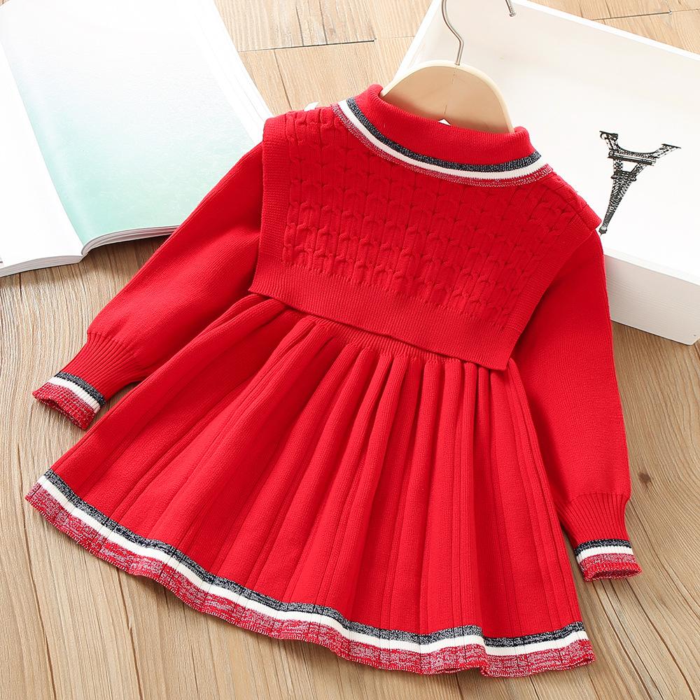 Autumn Winter Girls Sweater Long Sleeve Dress Vest Stripe Party Girl Baby Knitted Wool Dress Casual Vestidos